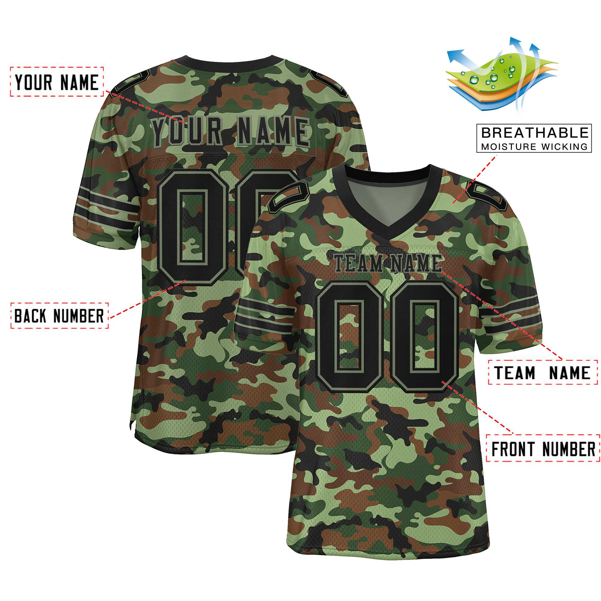 Custom Camo Black-Green Mesh Authentic American Football Jersey| KXKSHOP