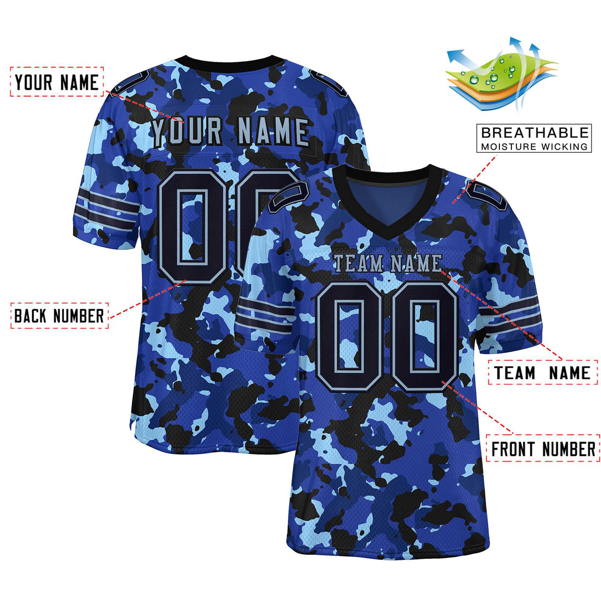 Custom Camo Black-Light Blue Mesh Authentic American Football Jersey| KXKSHOP