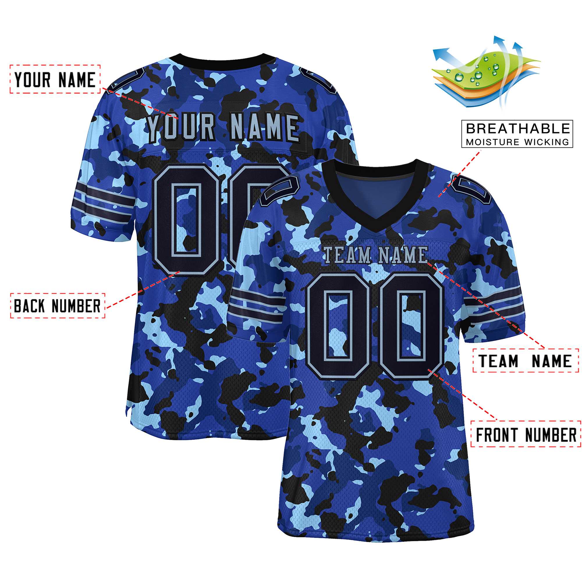 Custom Camo Black-Light Blue Mesh Authentic American Football Jersey| KXKSHOP