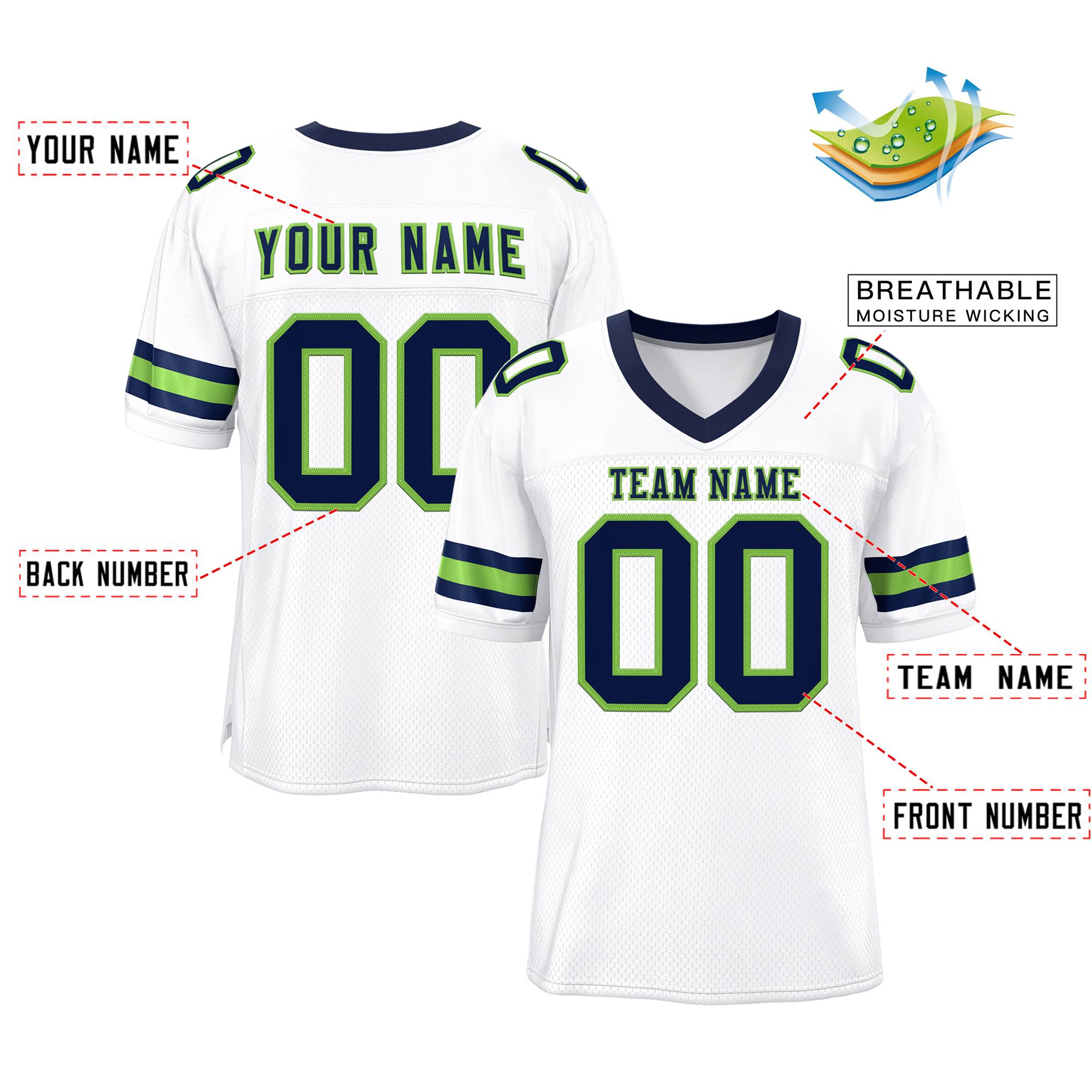 Custom White Navy-Neon Green Classic Style Mesh Authentic American Football Jersey| KXKSHOP