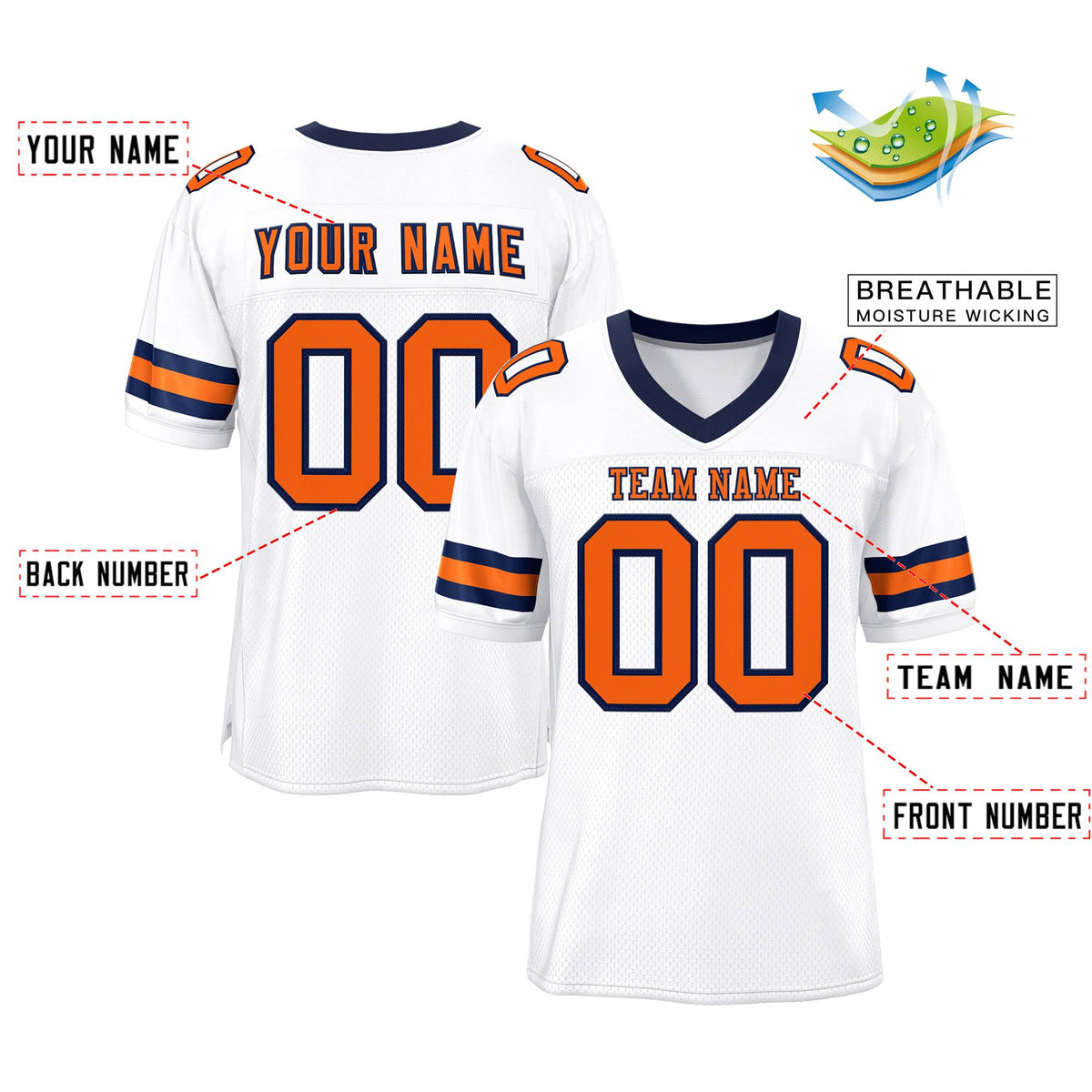 Custom White Orange-Navy Classic Style Mesh Authentic American Football Jersey| KXKSHOP