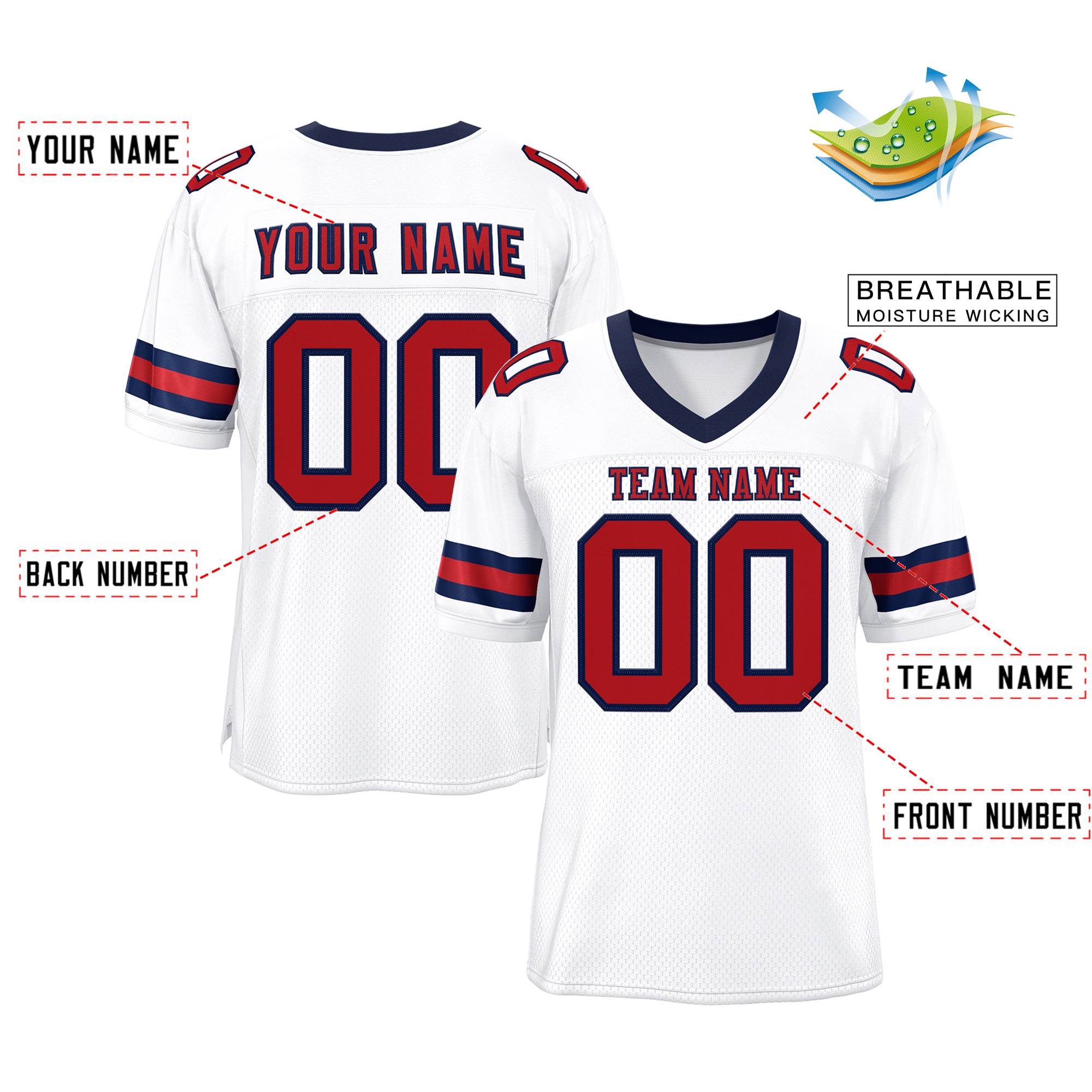 Custom White Red-Navy Classic Style Mesh Authentic American Football Jersey| KXKSHOP