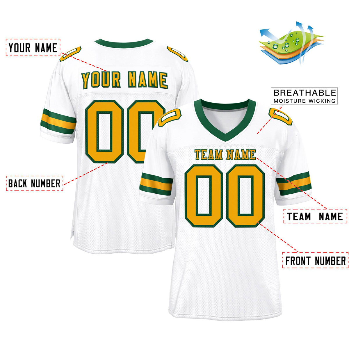Custom White Gold-Green Classic Style Mesh Authentic American Football Jersey| KXKSHOP