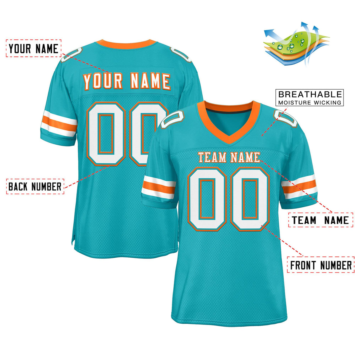 Custom Aqua White-Orange Classic Style Mesh Authentic American Football Jersey| KXKSHOP