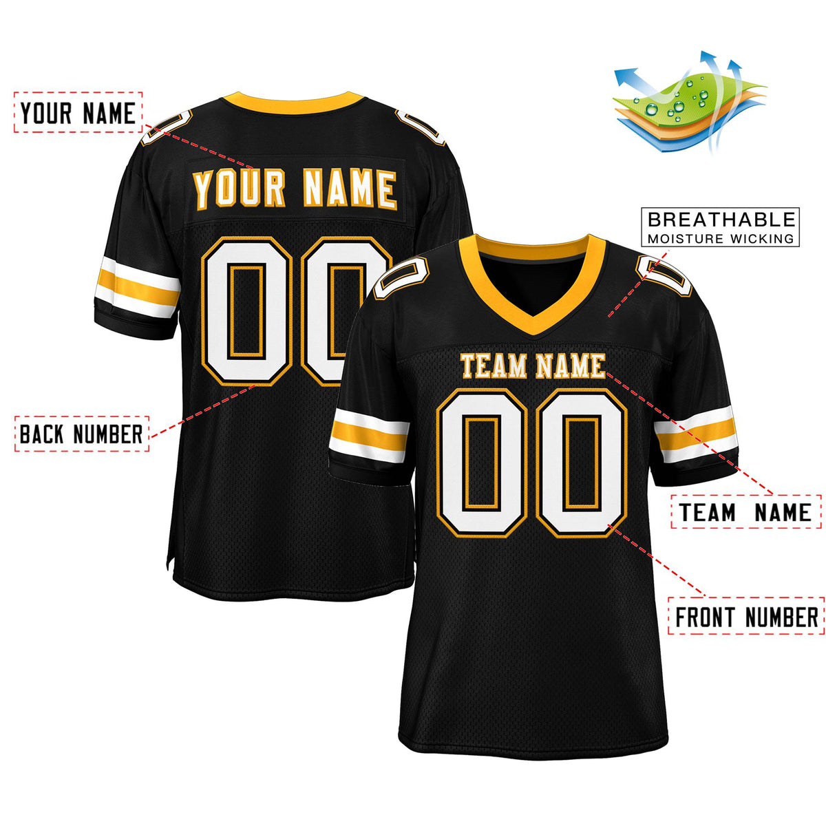 Custom Black White-Yellow Classic Style Mesh Authentic American Football Jersey| KXKSHOP