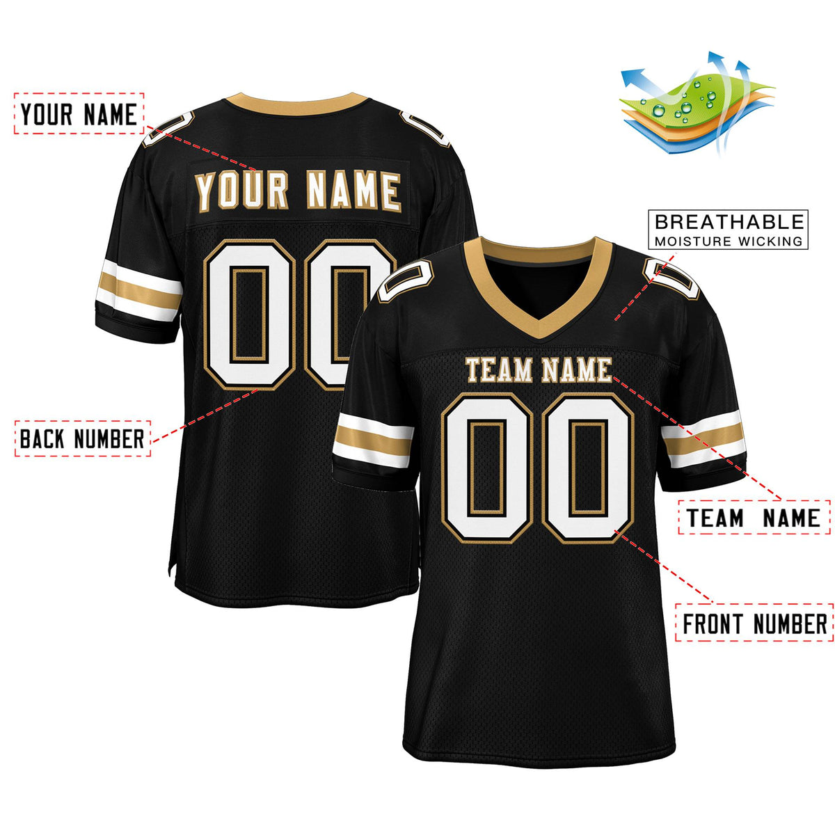 Custom Black White-Old Gold Classic Style Mesh Authentic American Football Jersey| KXKSHOP