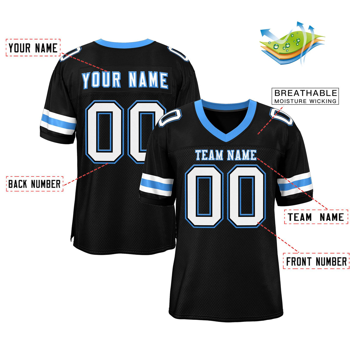 Custom Black White-Powder Blue Classic Style Mesh Authentic American Football Jersey| KXKSHOP