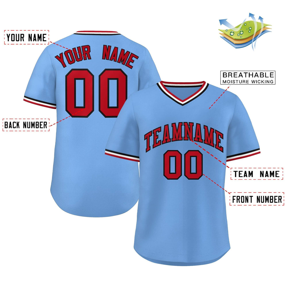 Custom Light Blue Red-White Classic Style Outdoor Authentic Pullover Baseball Jersey