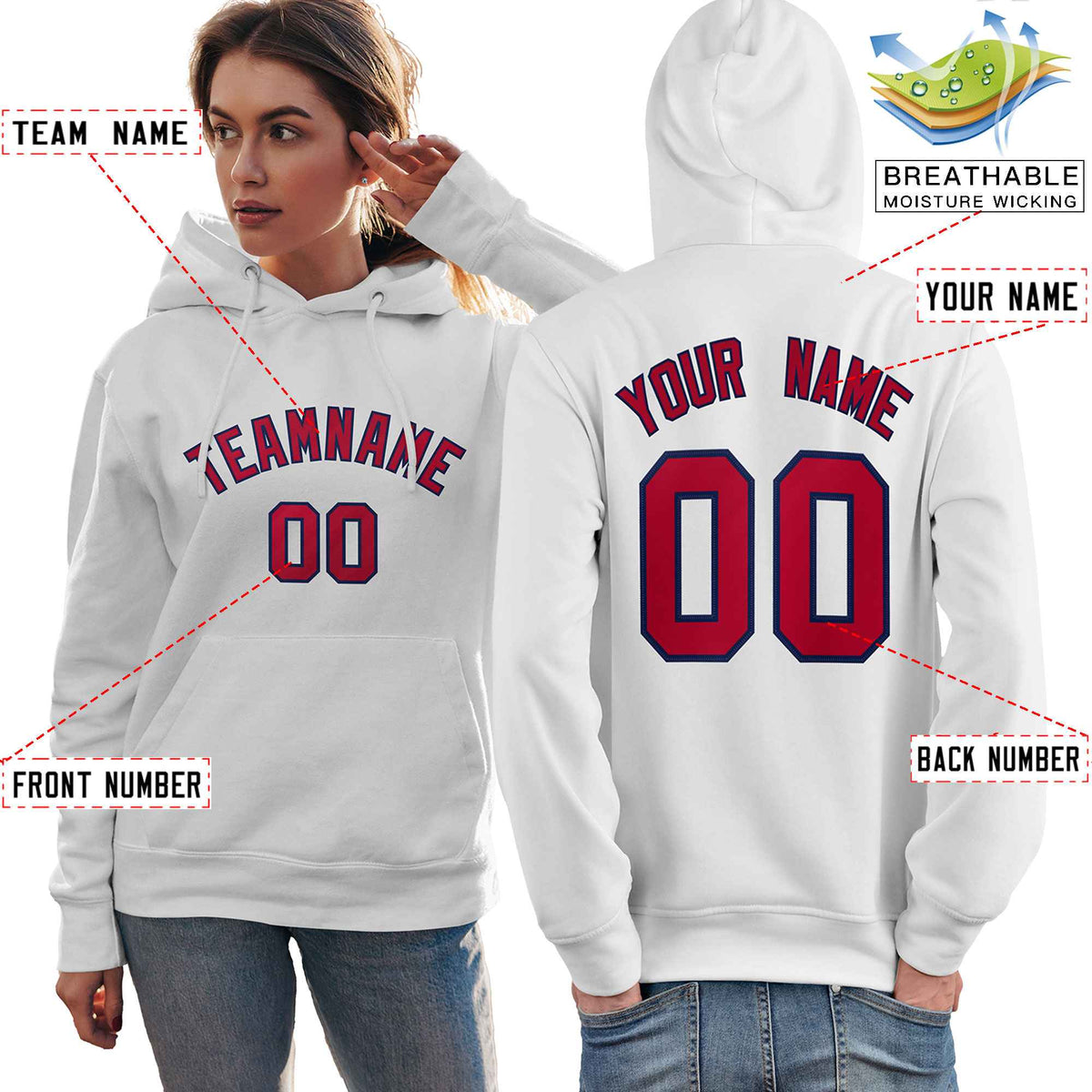Custom White Red-Navy Classic Style Personalized Sport Pullover Hoodie| KXKSHOP