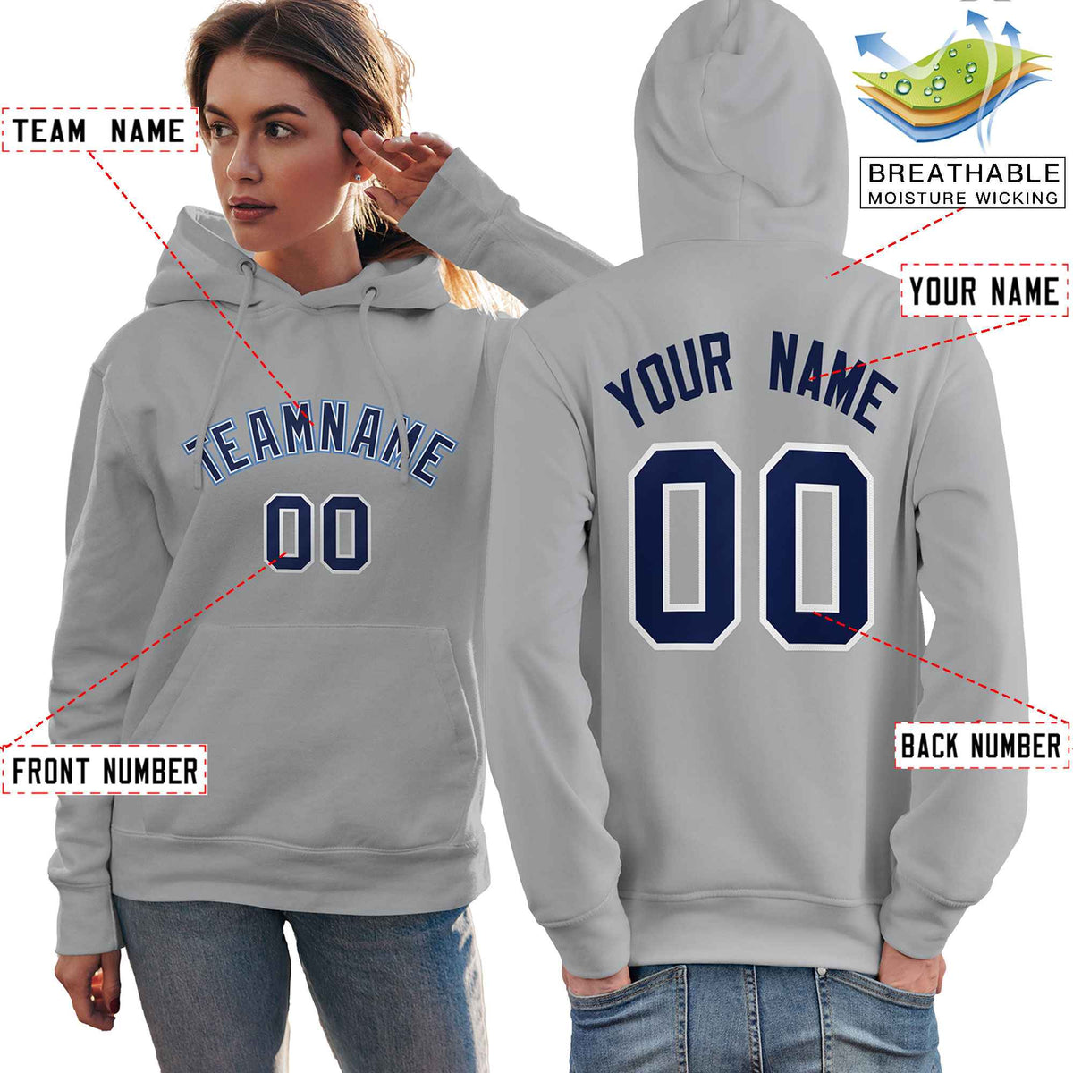 Custom Gray Light Blue-Navy Classic Style Personalized Sport Pullover Hoodie| KXKSHOP