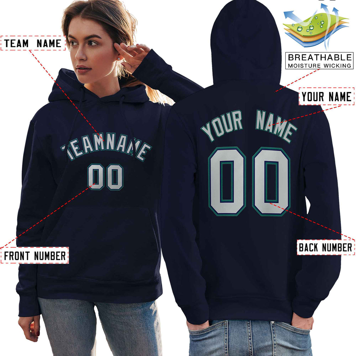 Custom Navy Gray-Aqua Classic Style Personalized Sport Pullover Hoodie| KXKSHOP