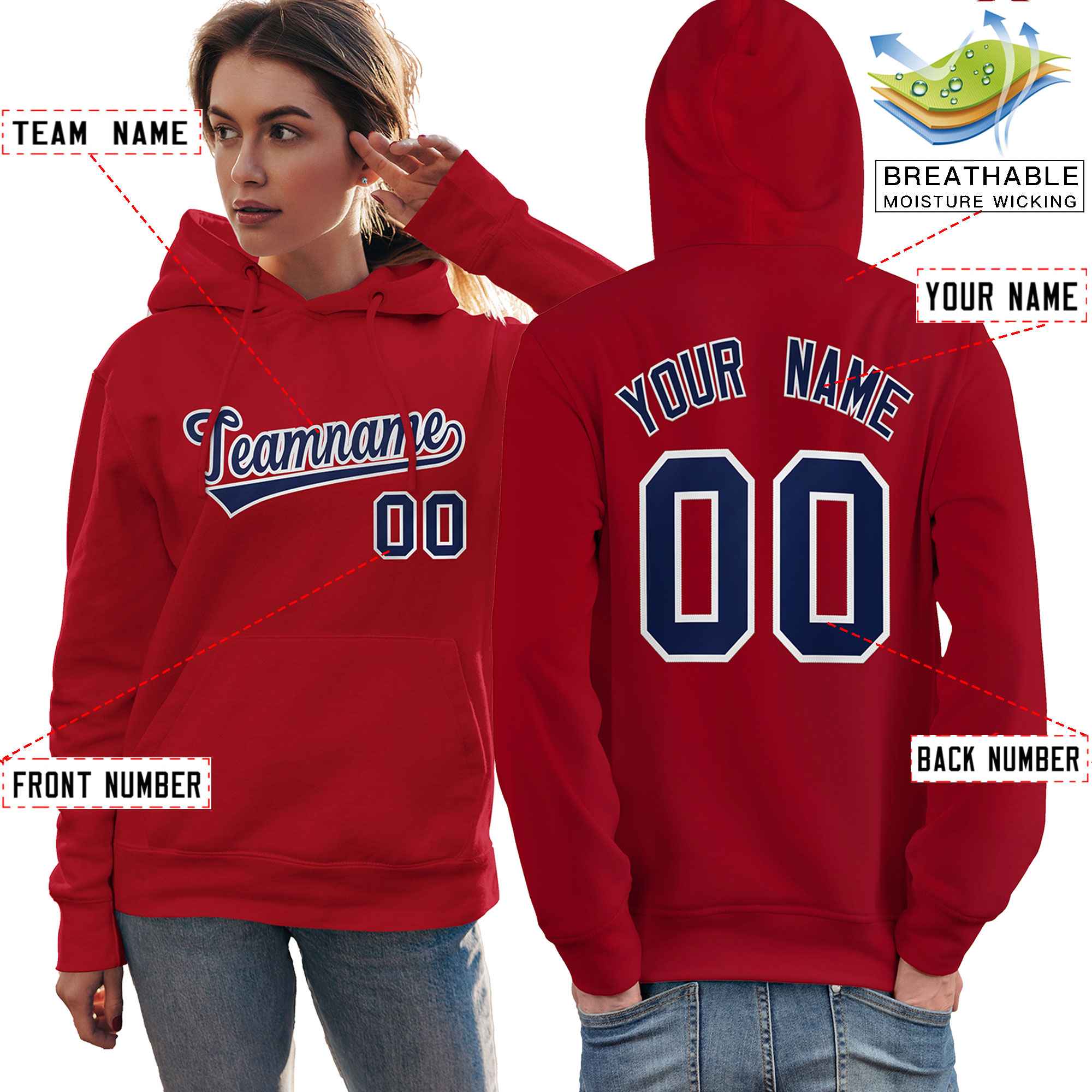 Custom Red Navy-White Classic Style Personalized Sport Pullover Hoodie| KXKSHOP