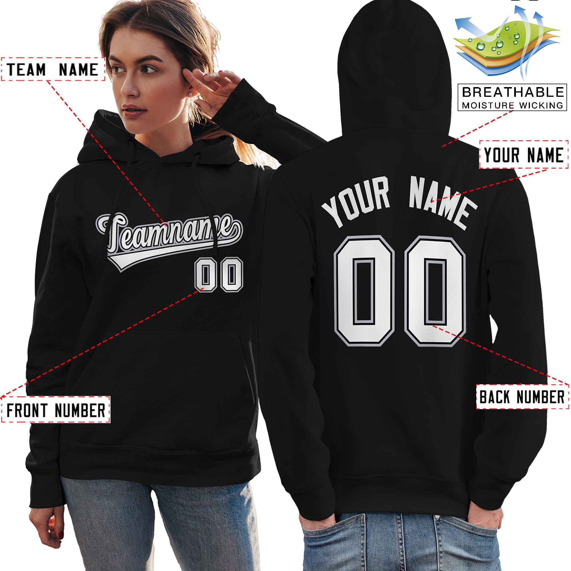 Custom Black White-Gray Classic Style Personalized Sport Pullover Hoodie| KXKSHOP