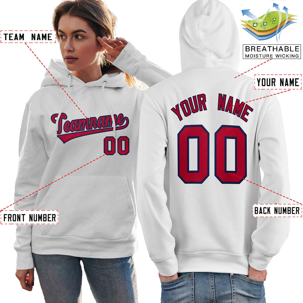 Custom White Red-Navy Classic Style Personalized Sport Pullover Hoodie| KXKSHOP