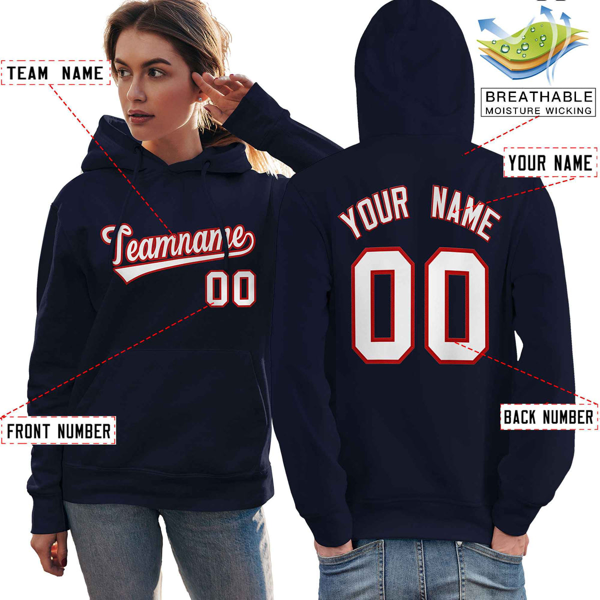 Custom Navy Red-White Classic Style Personalized Sport Pullover Hoodie| KXKSHOP
