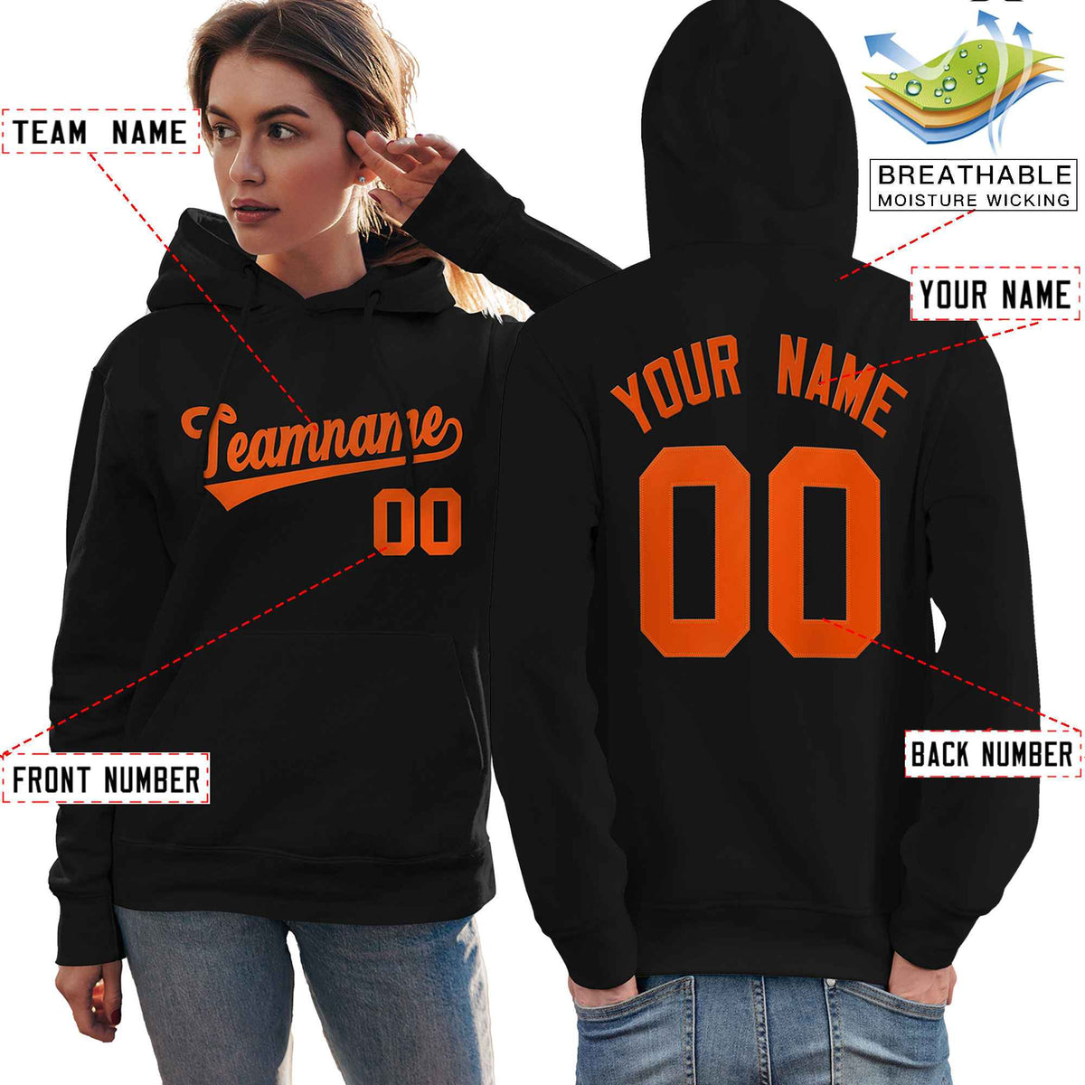Custom Black Orange Classic Style Personalized Sport Pullover Hoodie| KXKSHOP