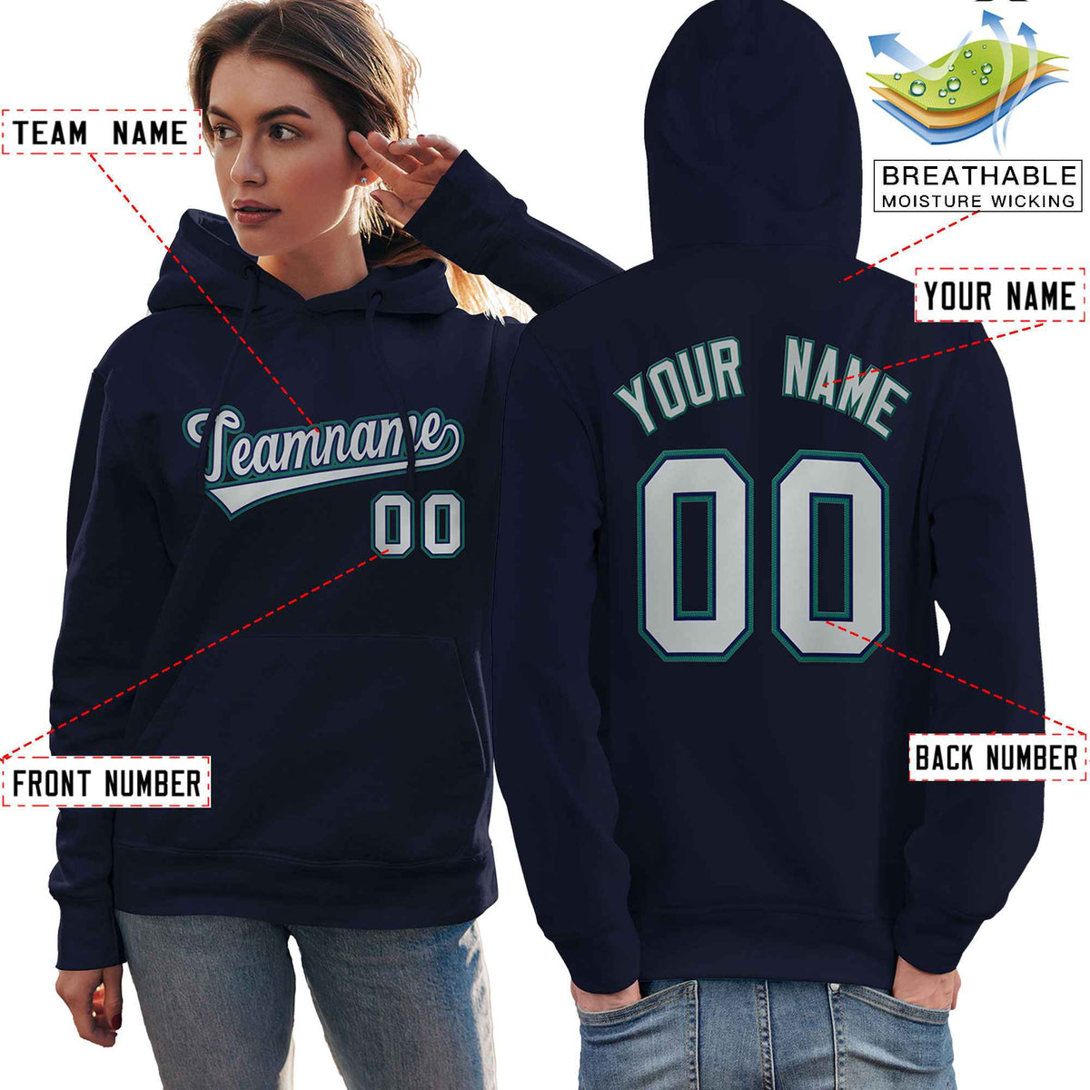 Custom Navy Gray-Aqua Classic Style Personalized Sport Pullover Hoodie| KXKSHOP