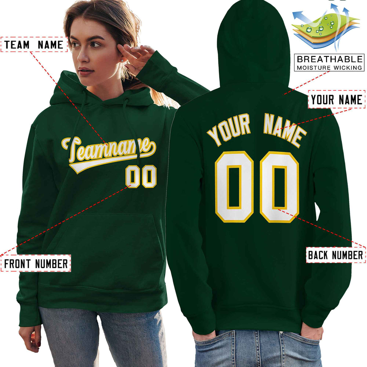 Custom Green White-Gold Classic Style Personalized Sport Pullover Hoodie| KXKSHOP