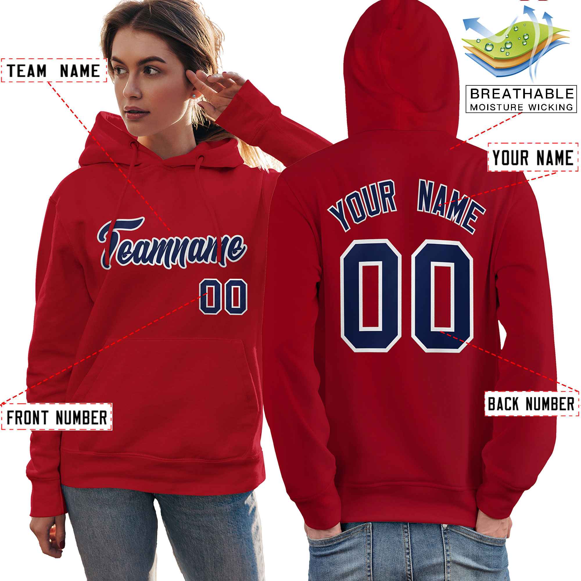 Custom Red Navy-White Classic Style Personalized Sport Pullover Hoodie| KXKSHOP