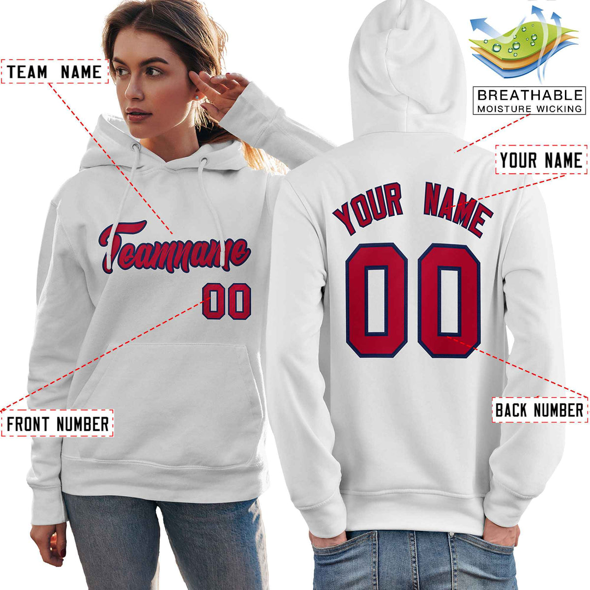 Custom White Red-Navy Classic Style Personalized Sport Pullover Hoodie| KXKSHOP