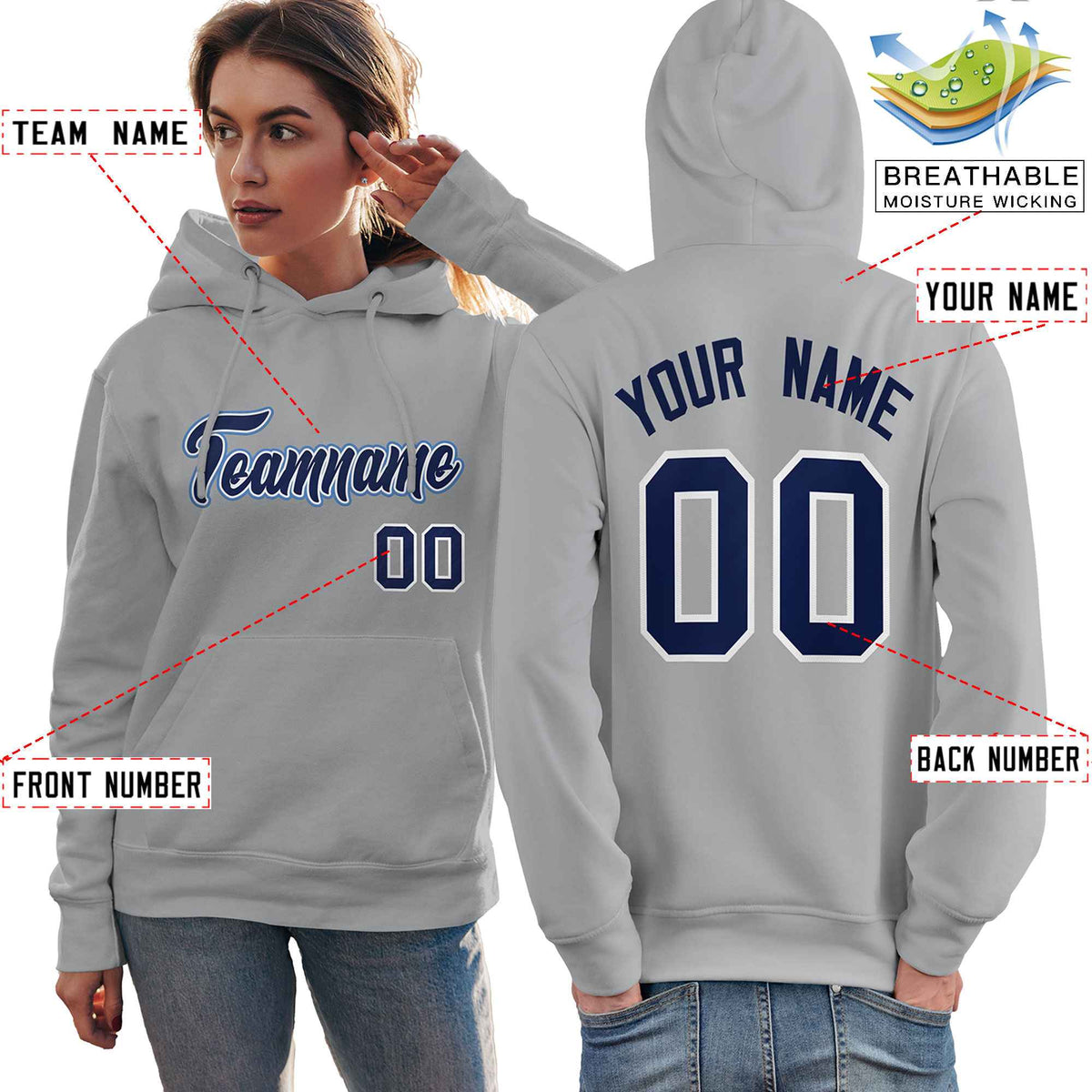 Custom Gray Light Blue-Navy Classic Style Personalized Sport Pullover Hoodie| KXKSHOP