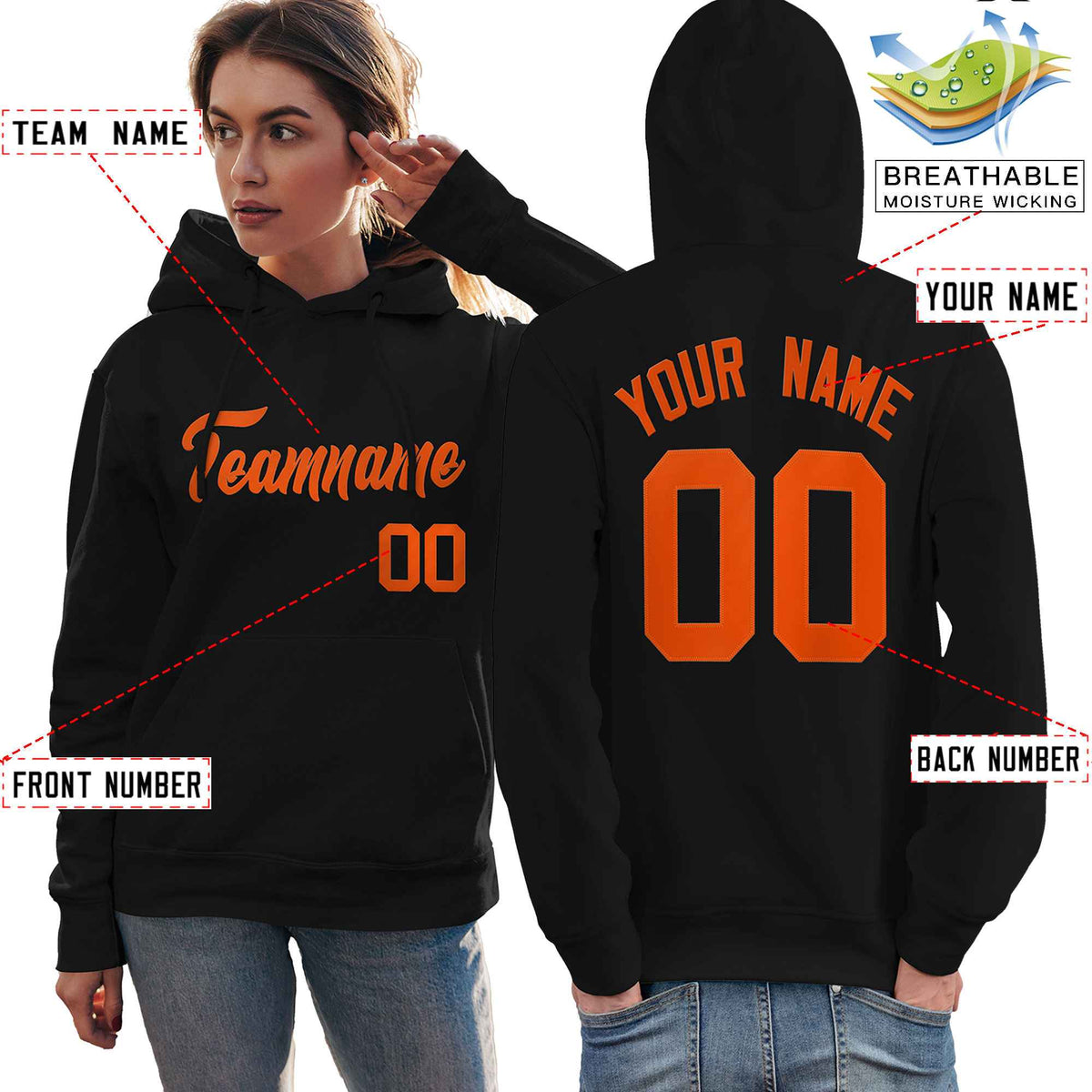 Custom Black Orange Classic Style Personalized Sport Pullover Hoodie| KXKSHOP