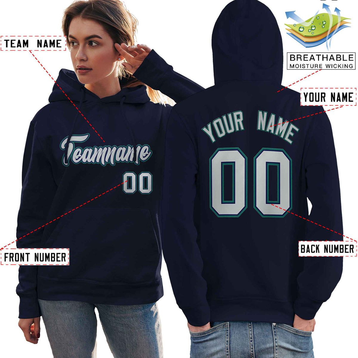 Custom Navy Gray-Aqua Classic Style Personalized Sport Pullover Hoodie| KXKSHOP