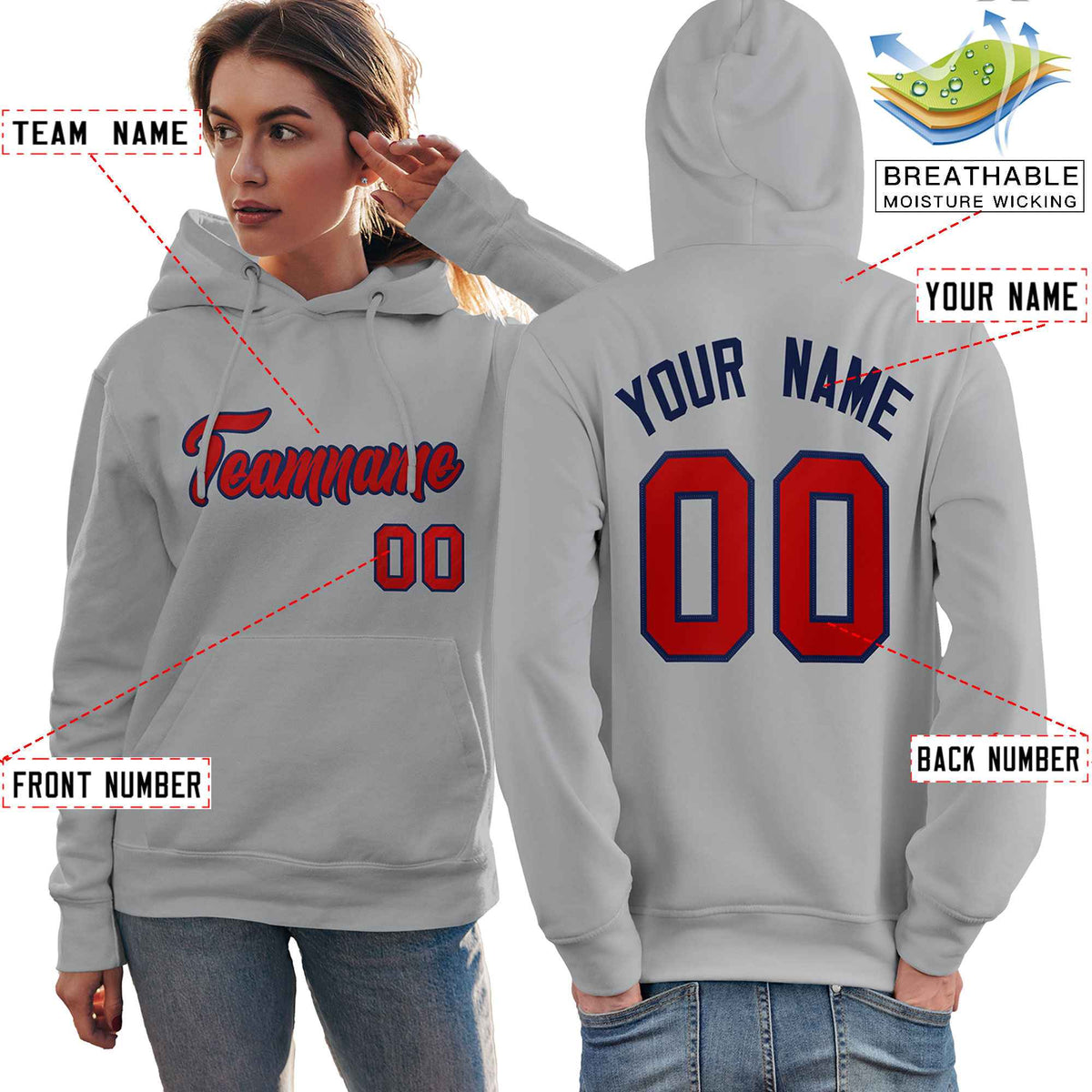 Custom Gray Red-Royal Classic Style Personalized Sport Pullover Hoodie| KXKSHOP