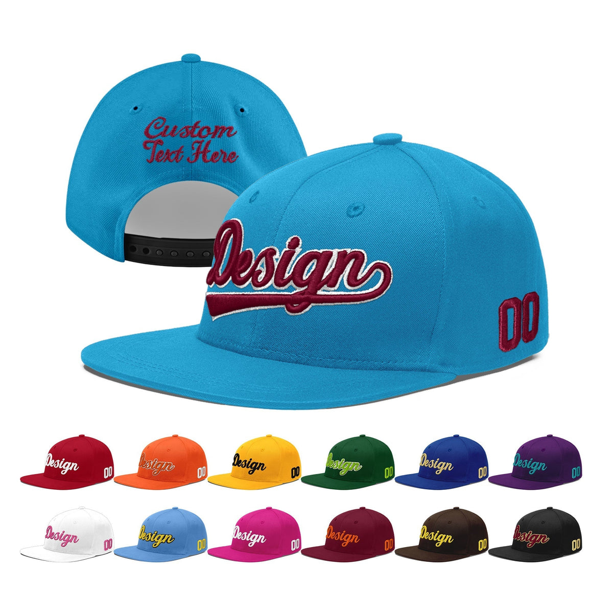 Custom Light Blue 3D Puff Embroidery Flat Embroidery Casual Sport Baseball Cap