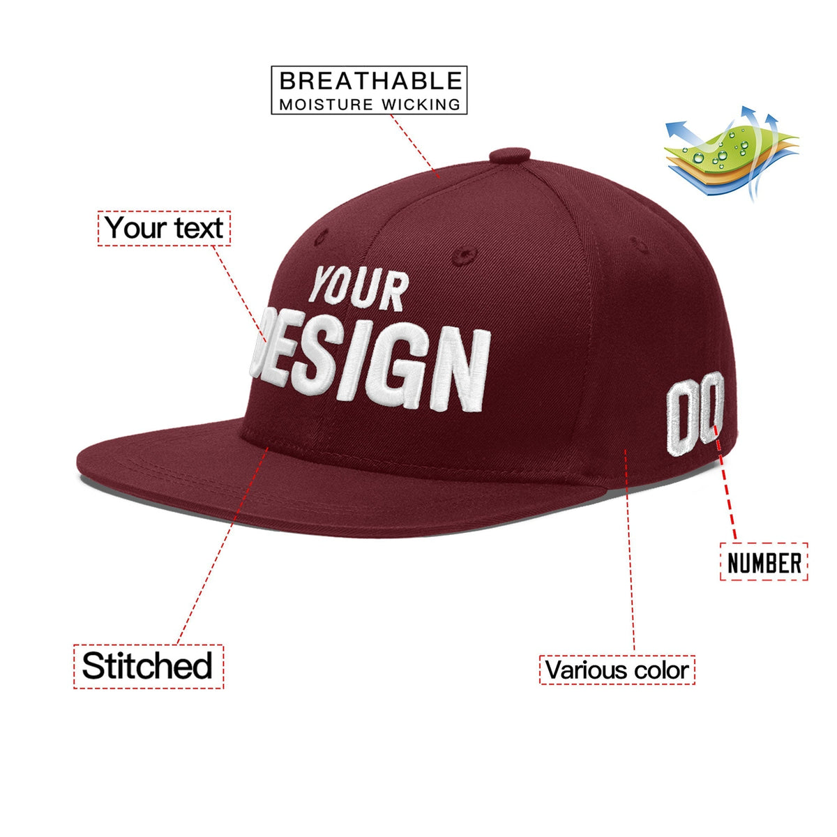 Custom Maroon 3D Puff Embroidery Flat Embroidery Casual Sport Baseball Cap