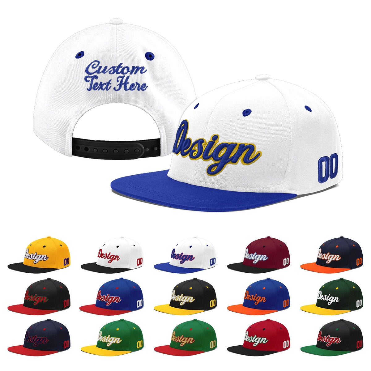 Custom White Royal Blue 11D Puff Embroidery Flat Embroidery Casual Sport Baseball Cap