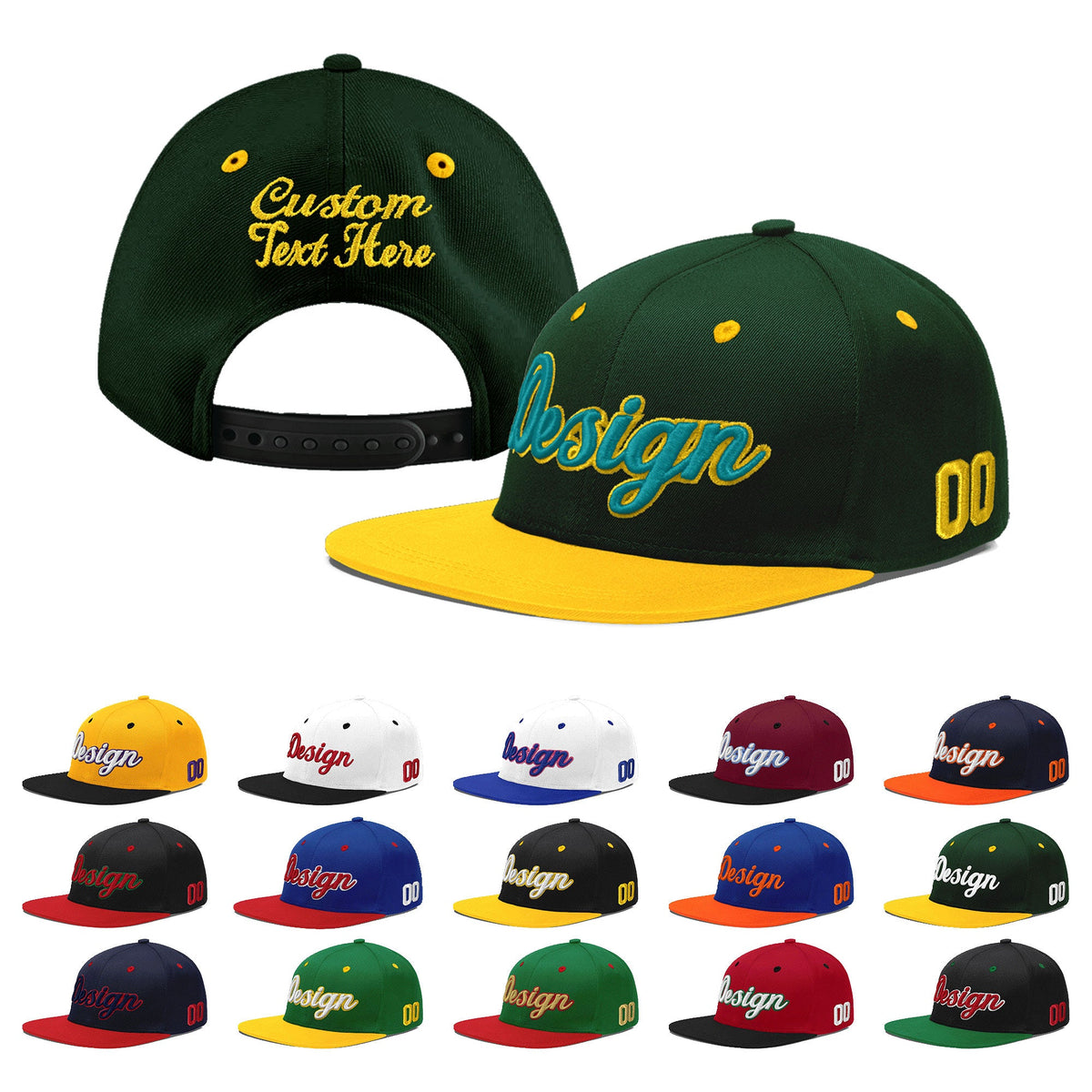 Custom Green Gold 3D Puff Embroidery Flat Embroidery Casual Sport Baseball Cap