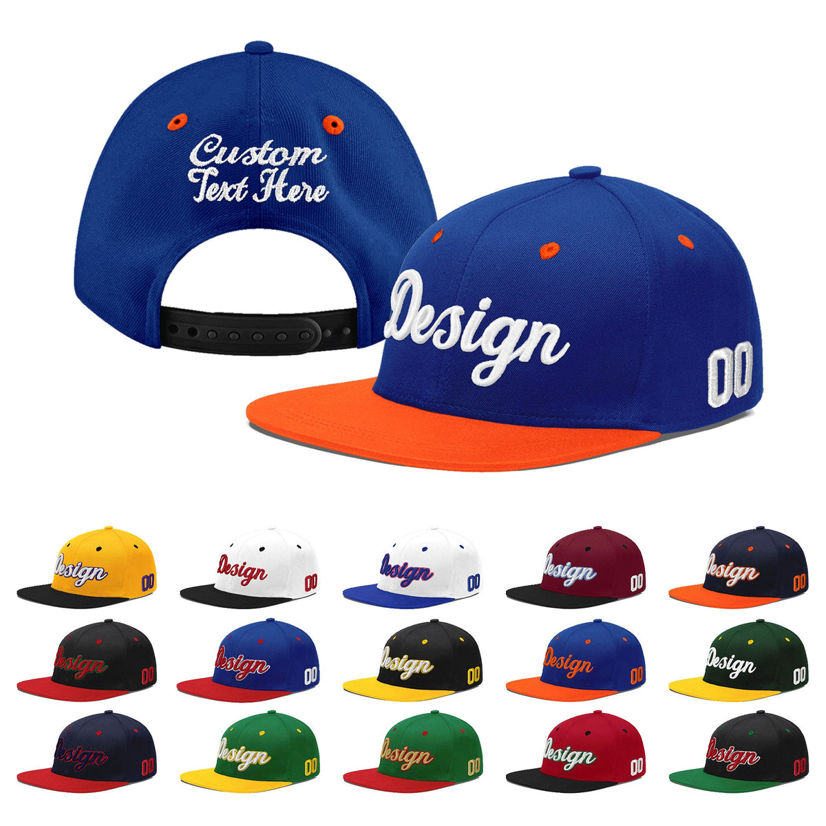 Custom Royal Blue Orange 3D Puff Embroidery Flat Embroidery Casual Sport Baseball Cap