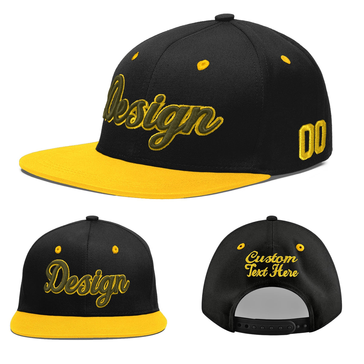 Custom Black Gold 3D Puff Embroidery Flat Embroidery Casual Sport Baseball Cap
