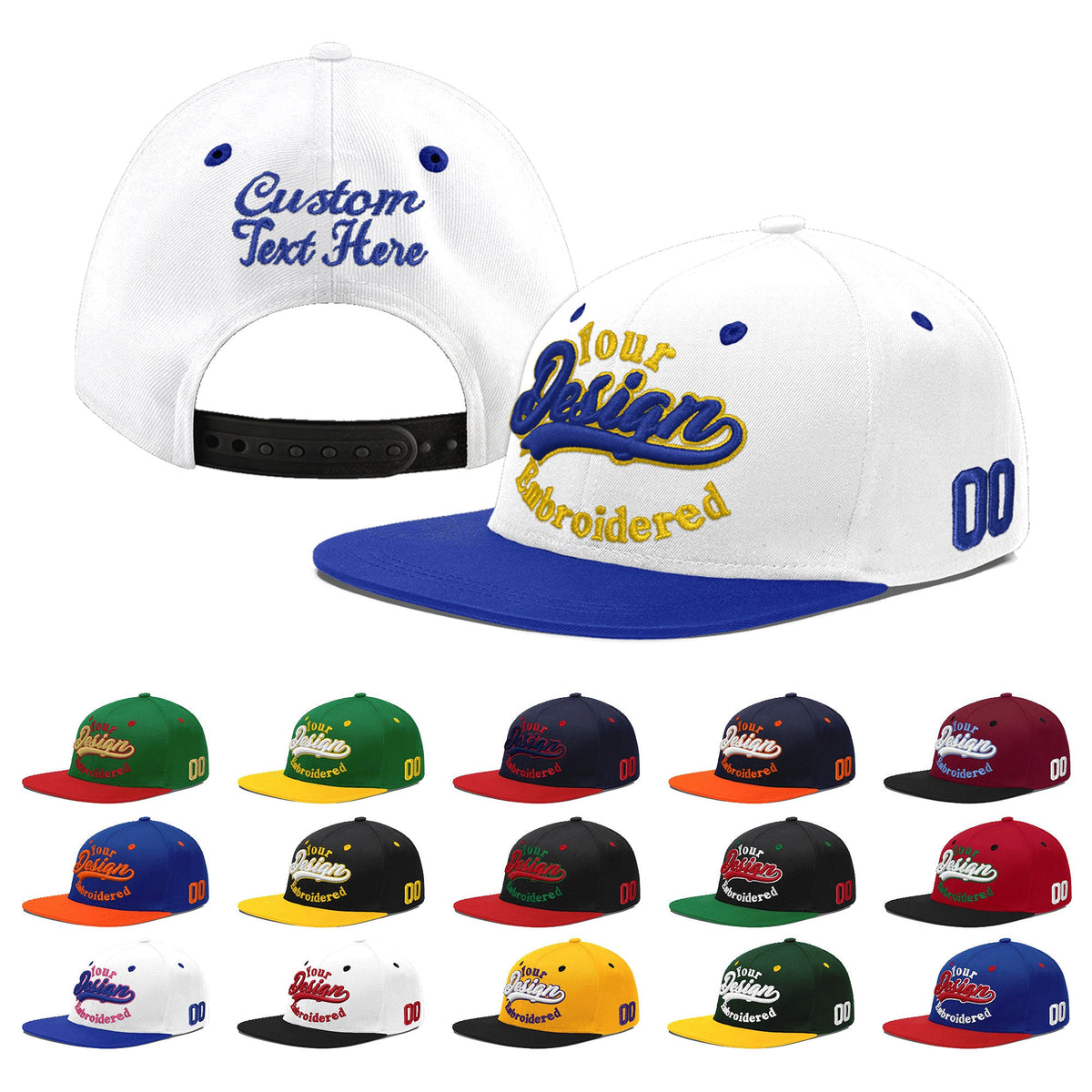 Custom White Royal Blue 171D Puff Embroidery Flat Embroidery Casual Sport Baseball Cap