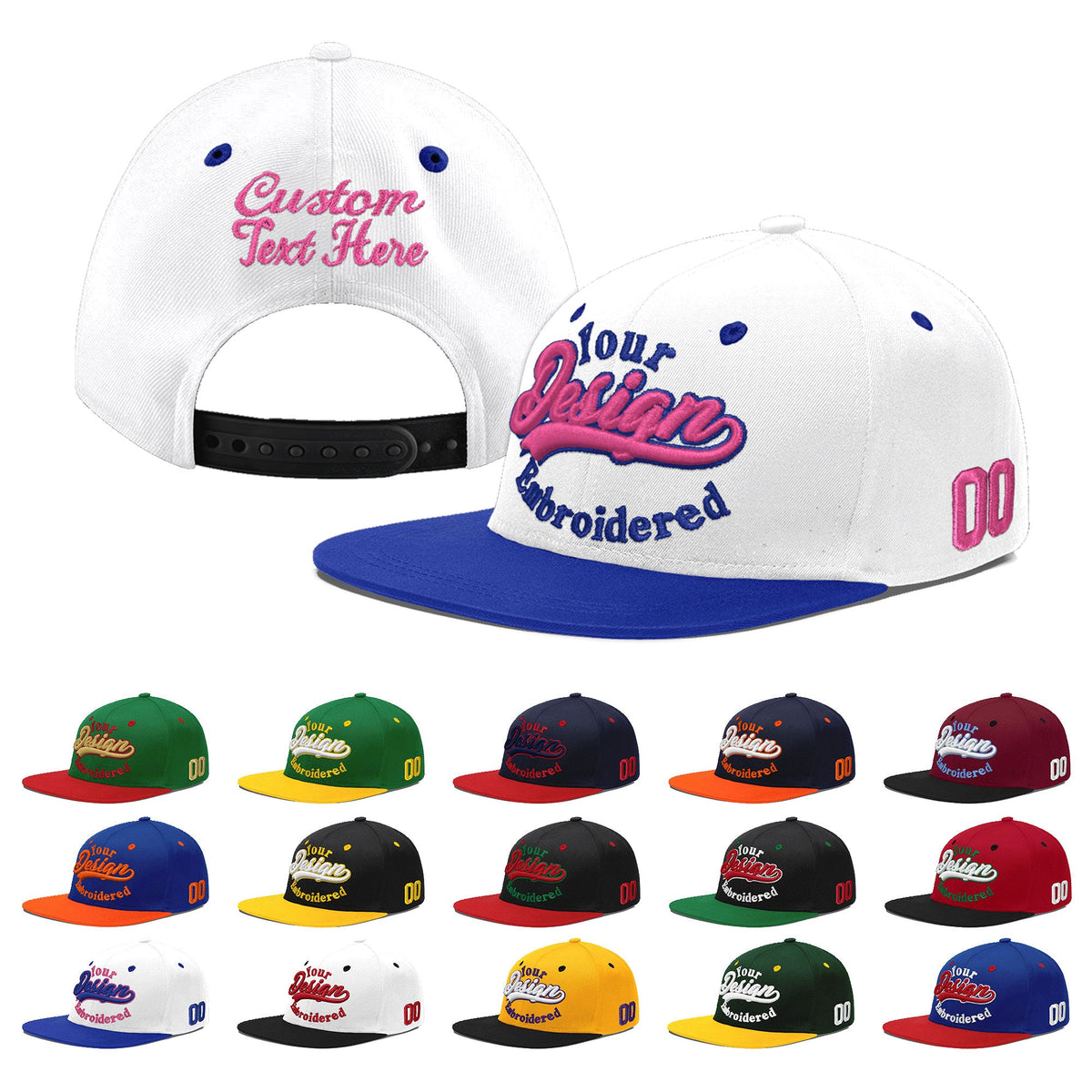 Custom White Royal Blue 187D Puff Embroidery Flat Embroidery Casual Sport Baseball Cap