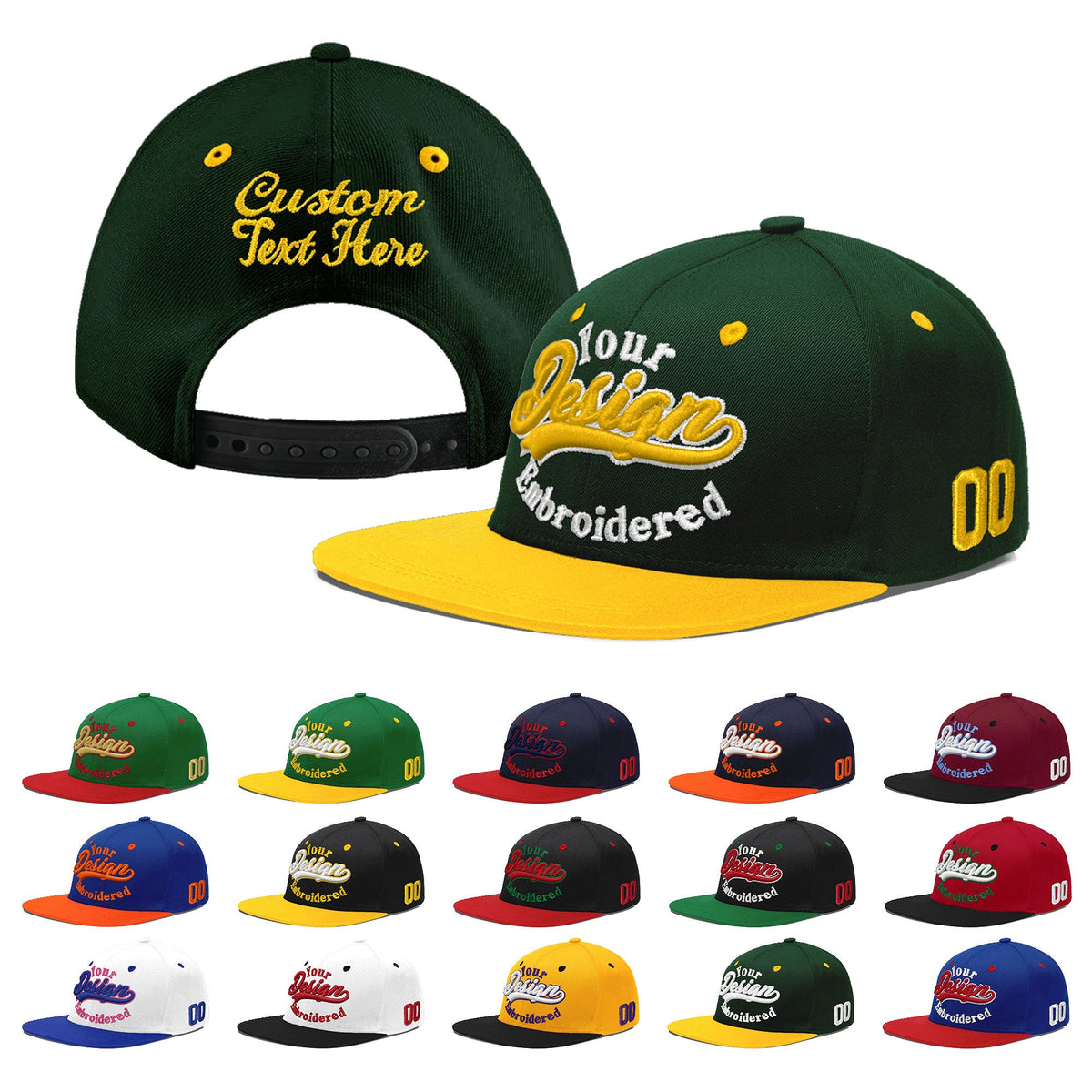 Custom Green Gold 3D Puff Embroidery Flat Embroidery Casual Sport Baseball Cap