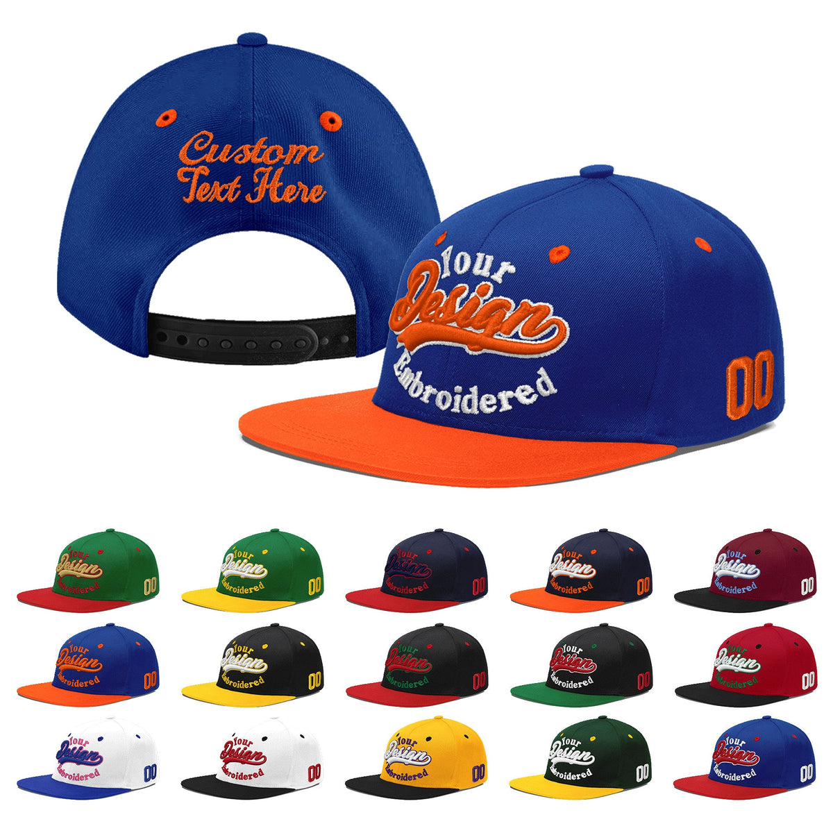 Custom Royal Blue Orange 3D Puff Embroidery Flat Embroidery Casual Sport Baseball Cap
