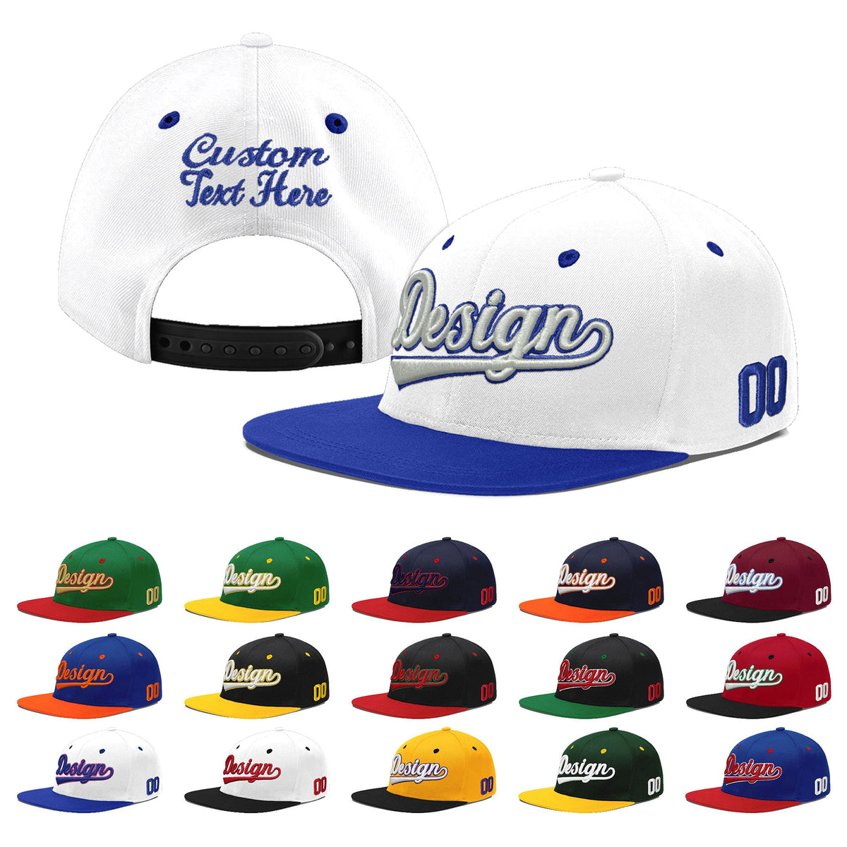 Custom White Royal Blue 139D Puff Embroidery Flat Embroidery Casual Sport Baseball Cap