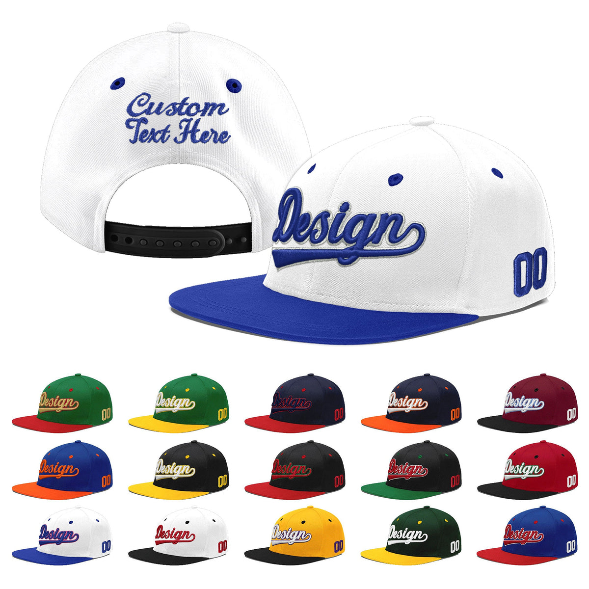 Custom White Royal Blue 147D Puff Embroidery Flat Embroidery Casual Sport Baseball Cap