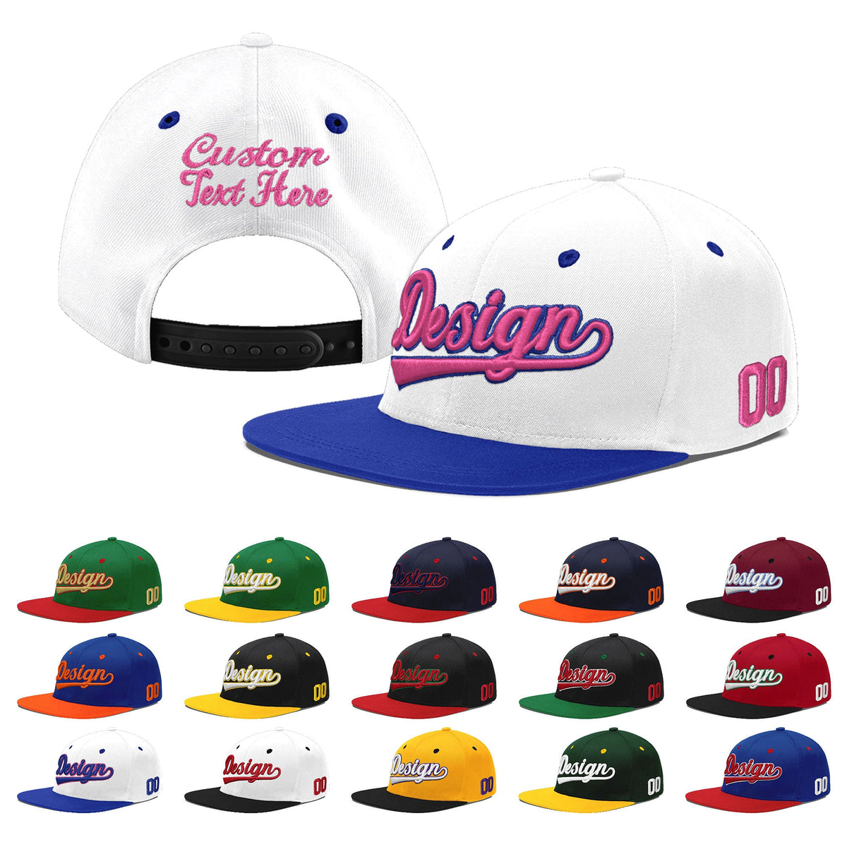 Custom White Royal Blue 147D Puff Embroidery Flat Embroidery Casual Sport Baseball Cap