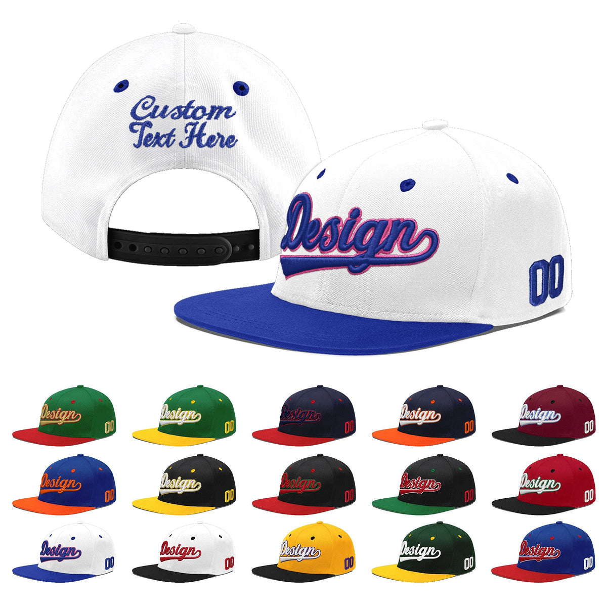 Custom White Royal Blue 155D Puff Embroidery Flat Embroidery Casual Sport Baseball Cap