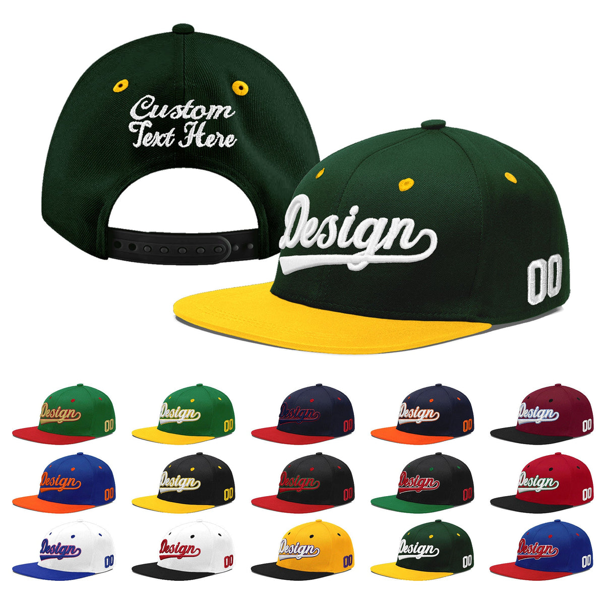 Custom Green Gold 3D Puff Embroidery Flat Embroidery Casual Sport Baseball Cap