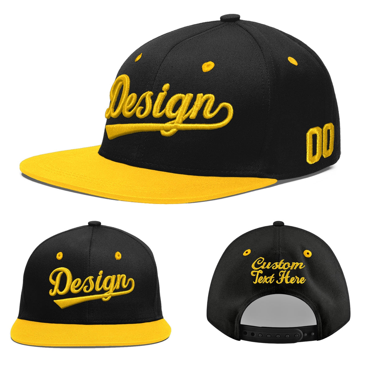 Custom Black Gold 3D Puff Embroidery Flat Embroidery Casual Sport Baseball Cap