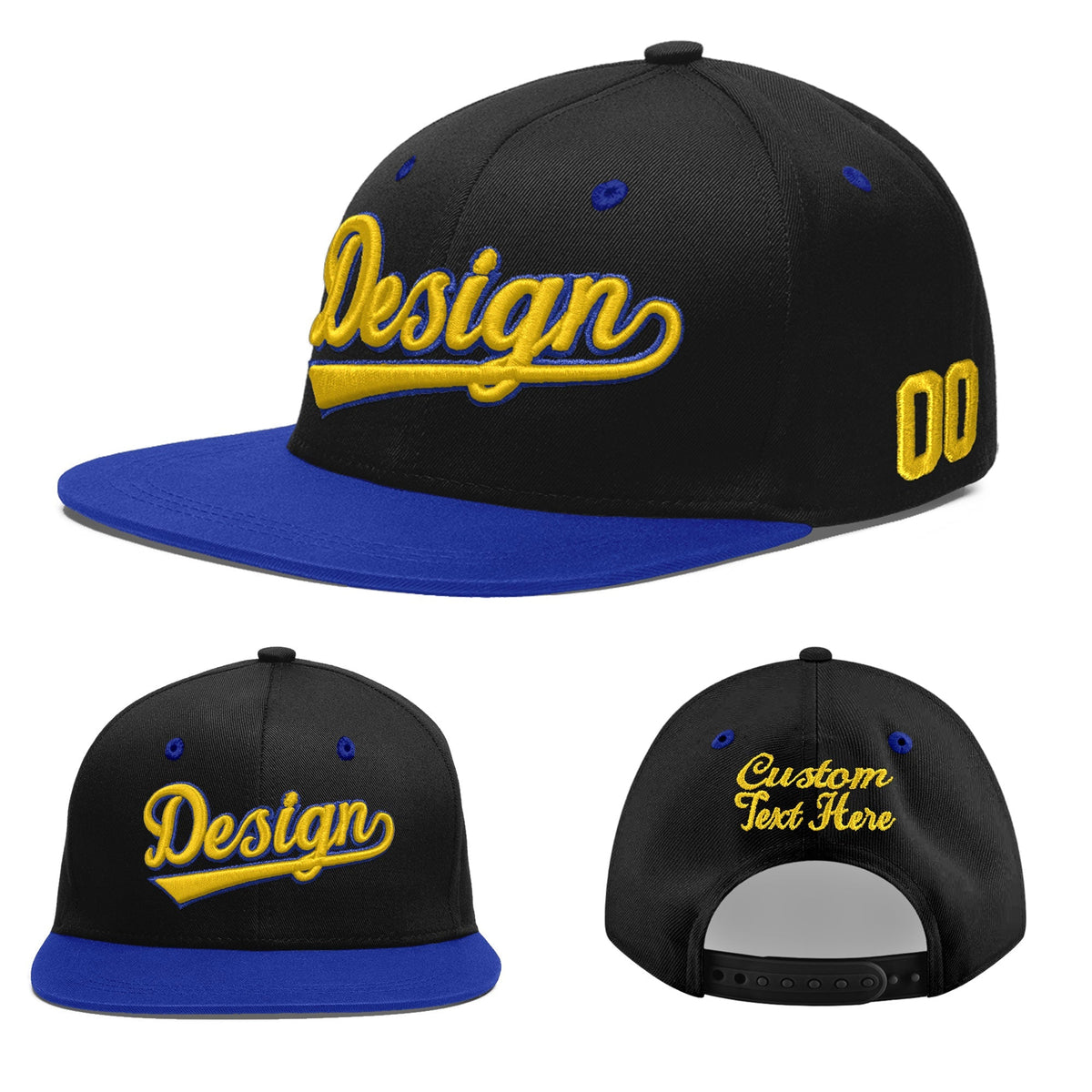 Custom Black Royal Blue 3D Puff Embroidery Flat Embroidery Casual Sport Baseball Cap