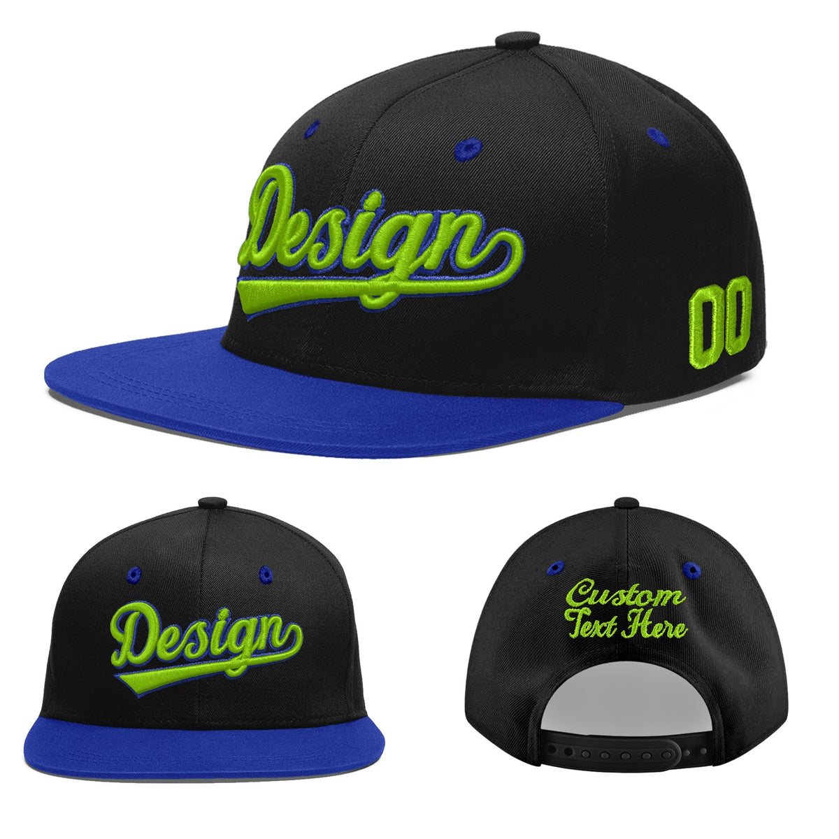 Custom Black Royal Blue 3D Puff Embroidery Flat Embroidery Casual Sport Baseball Cap