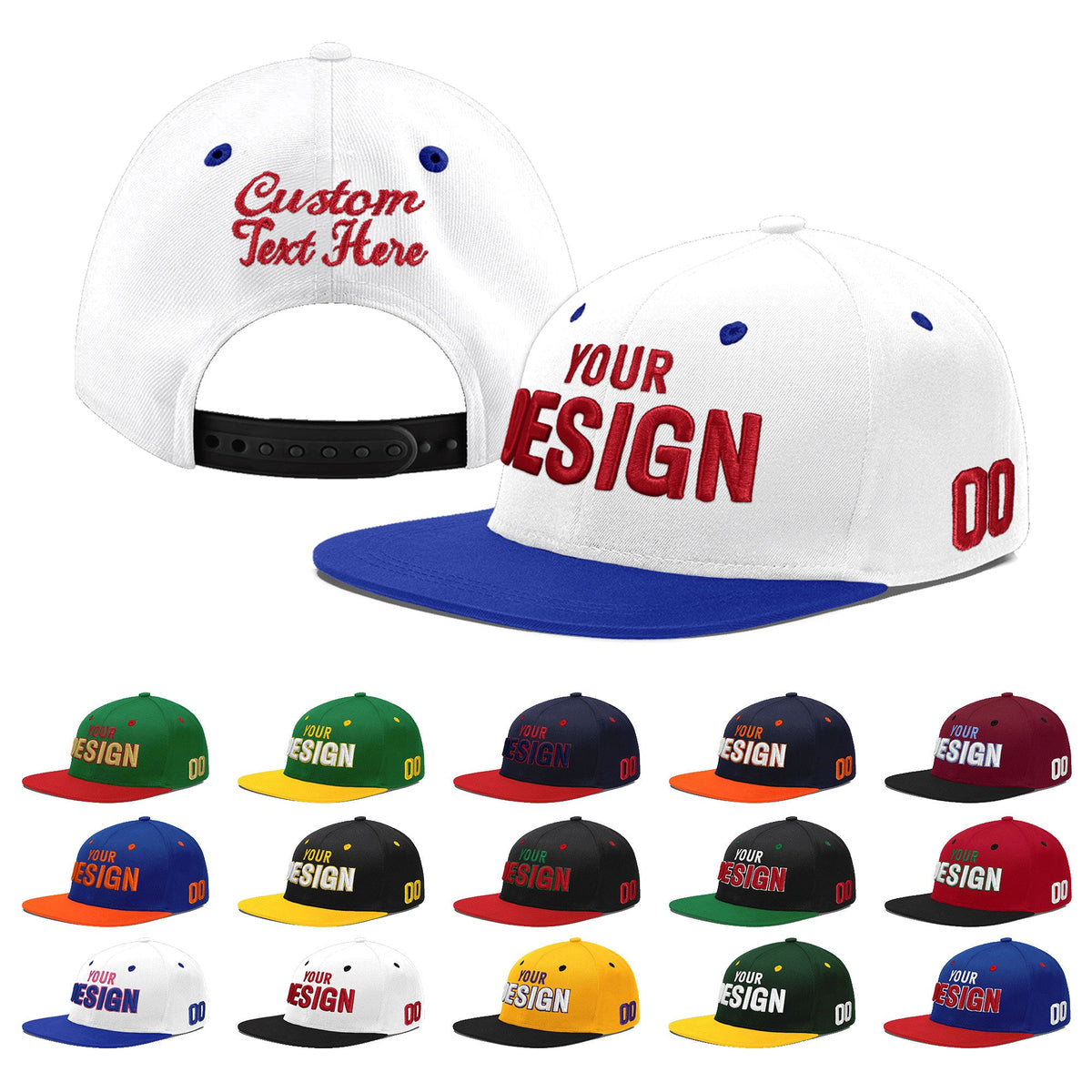 Custom White Royal Blue 91D Puff Embroidery Flat Embroidery Casual Sport Baseball Cap