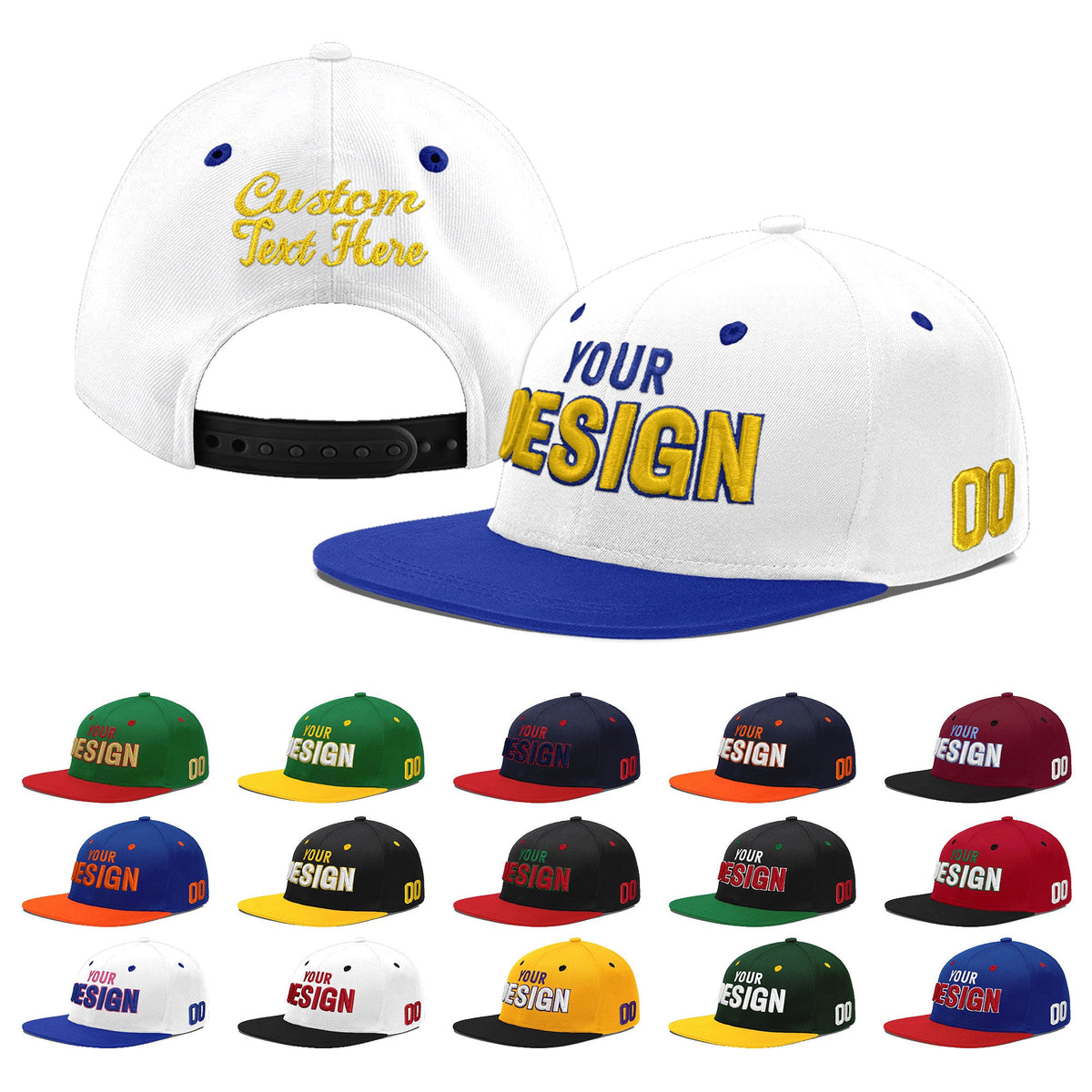 Custom White Royal Blue 99D Puff Embroidery Flat Embroidery Casual Sport Baseball Cap