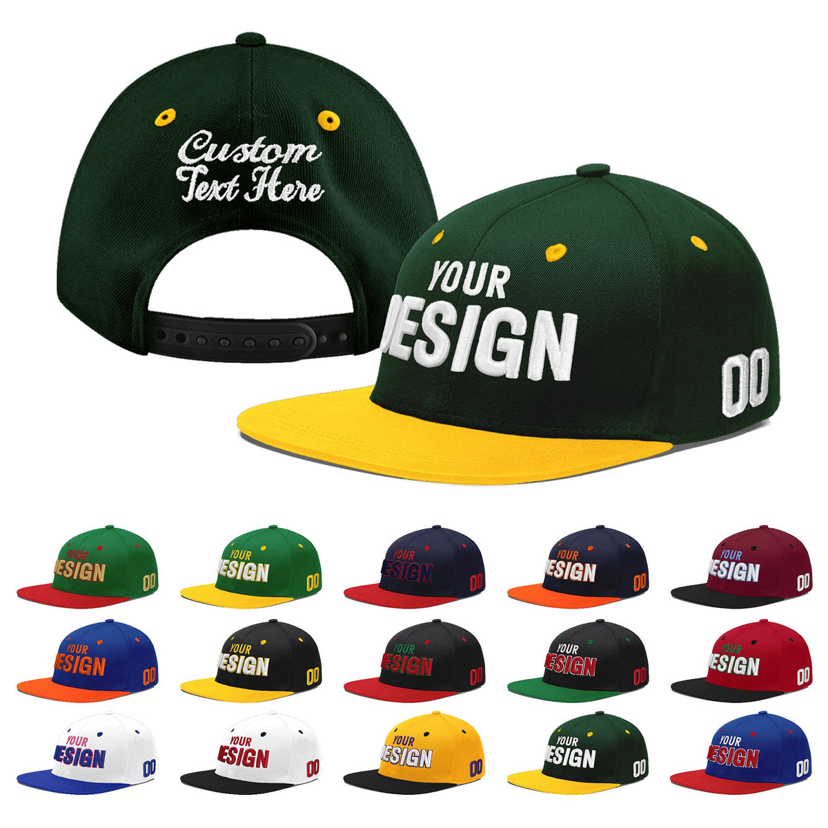 Custom Green Gold 3D Puff Embroidery Flat Embroidery Casual Sport Baseball Cap