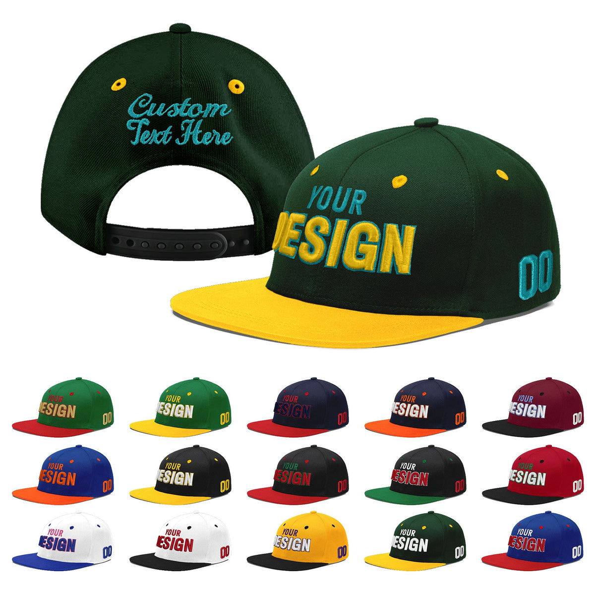 Custom Green Gold 3D Puff Embroidery Flat Embroidery Casual Sport Baseball Cap